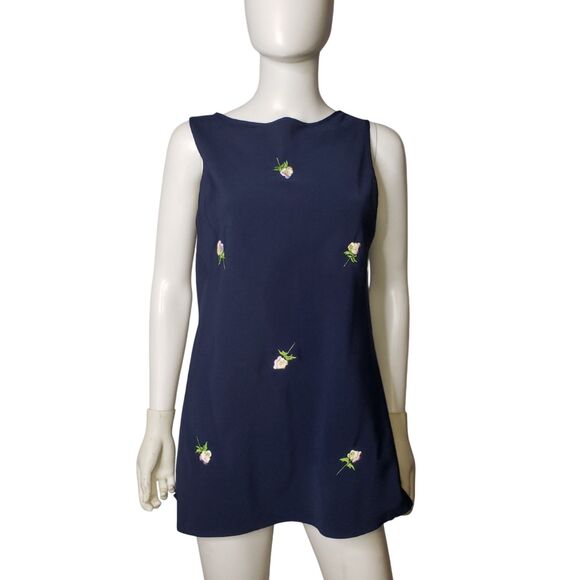 Josie By Natori Sleeveless Navy Blue Top Blouse Embroirdered Floral Size Medium - Picture 5 of 5